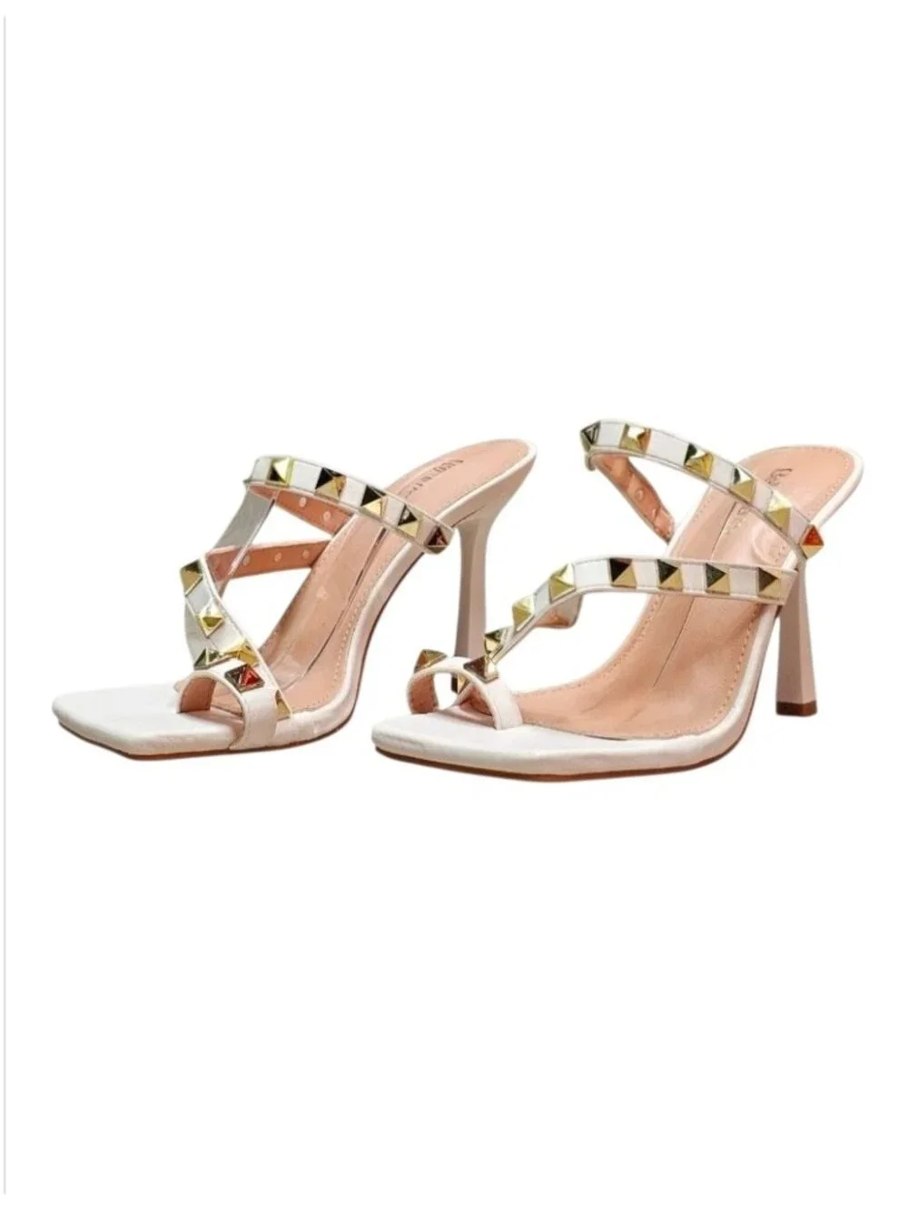 Studded High Heel Sandals With Strappy Design Open Toe & Gold-Tone Accents Ideal